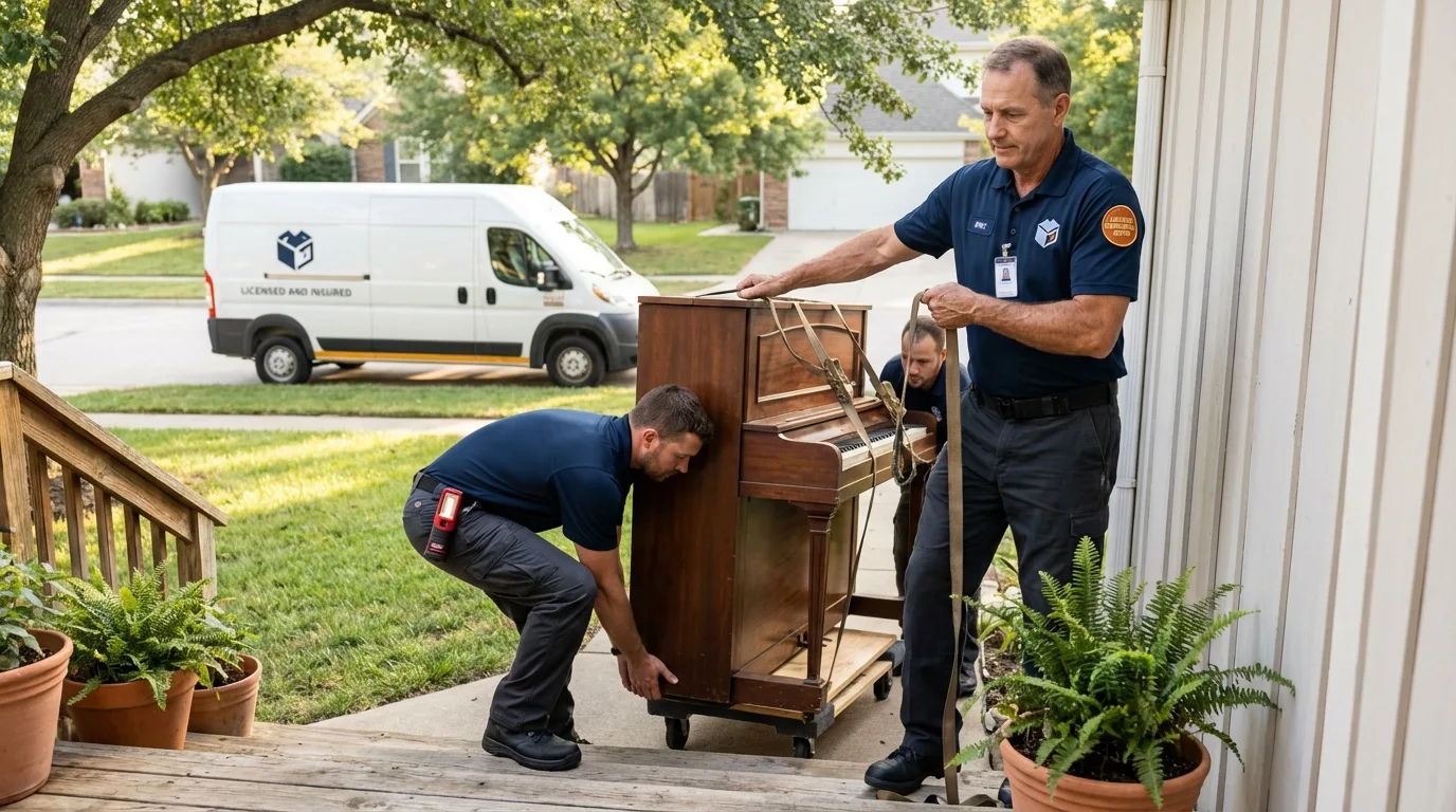 Licensed piano movers securing grand piano in Anamosa, IA