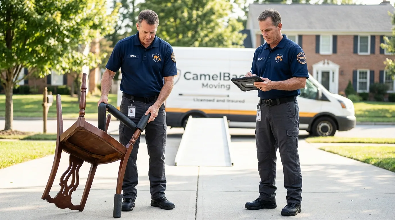 Movers inspecting furniture for damage prevention before loading in Anamosa, IA