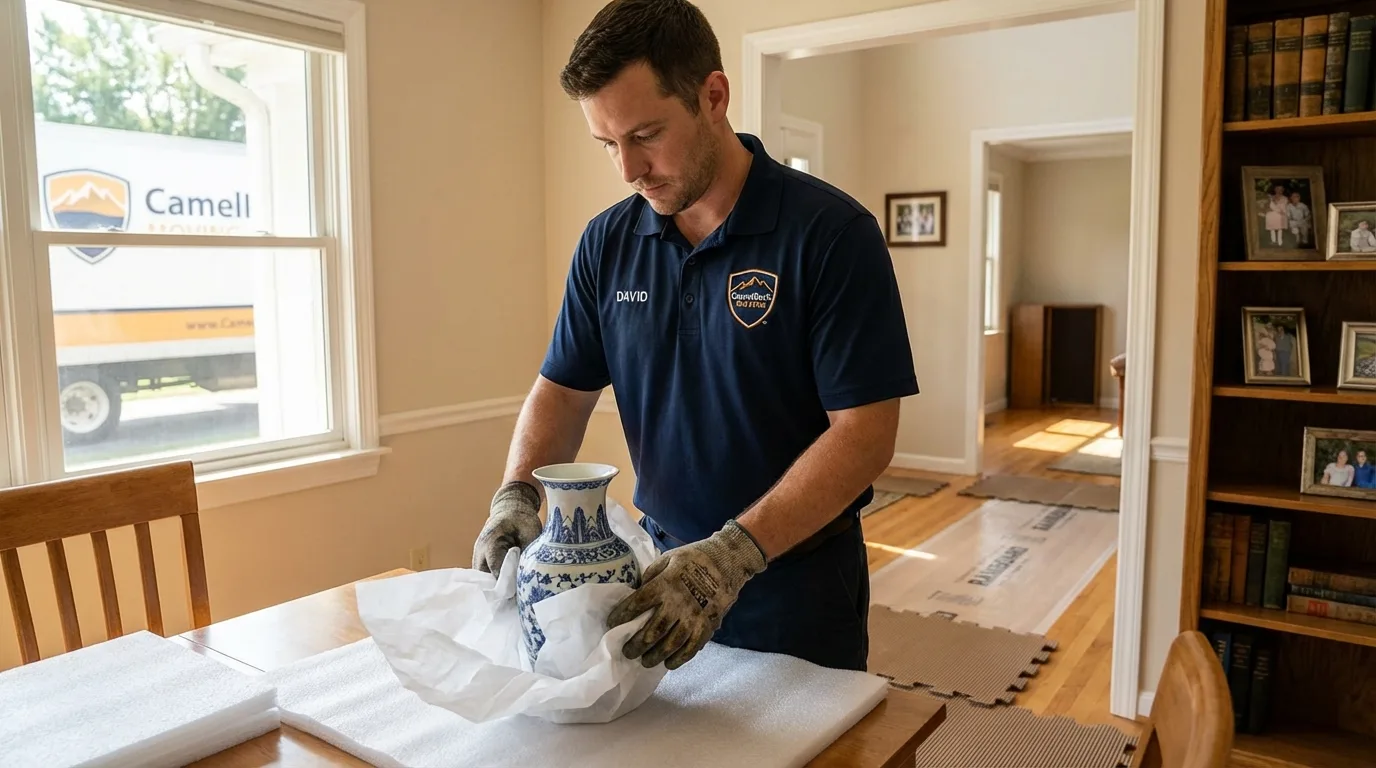 Professional crew carefully wrapping antique vase for senior downsizing move in Anamosa, IA